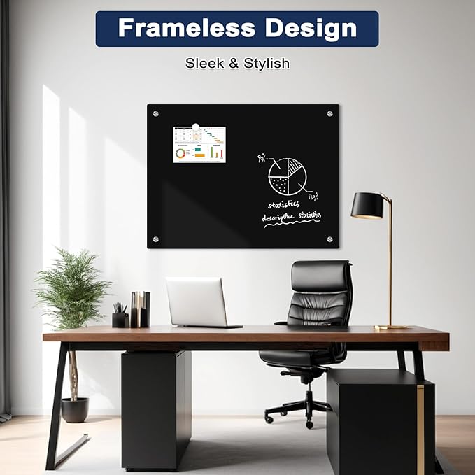 Black Dry Erase Board, 4' x 3' Magnetic Glass Whiteboard for Wall,48" x 36" Large Black Glass Magnetic Board with 1 Marker Tray and 3 Magnets for Office, Home, Classroom