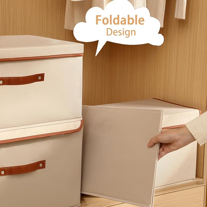 Tuza 4 Pack Large Fabric Storage Bins with Lids, Foldable Storage Boxes with Lids for Organizing, Decorative Storage Boxes with Handles for Home, Bedroom, Closet, Office(Khaki, Extra Large)