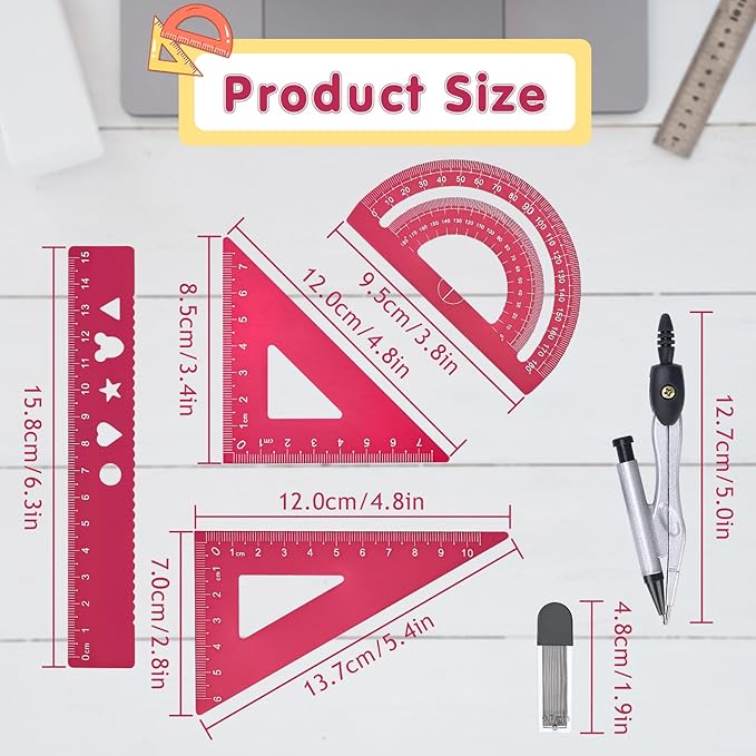 6 Pcs Metal Geometry Set, Math Geometry Kit, Metal Ruler Set and Compass Geometry Tool, Rulers Protractor and Compass Set for Student School and Drawings Supplies (Red)