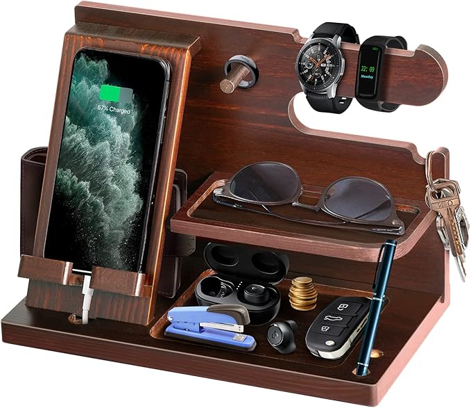 Gifts for Men Wood Phone Docking Station for Mens Gifts for Christmas Husband Anniversary Dad Birthday Gifts for Men or Dad - Nightstand Organizer Purse Father Desk Accessories & Workspace Organizer