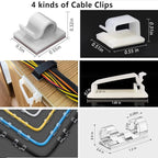 DRIVUU White Cable Management Organizer Kit 4 Cable Sleeve Split,47Cable Clips 12Cord Clips Holder,22 Cable Ties, 20 Adhesive Wall Cable Tie, 200Fasten Cable Ties for TV Electronics