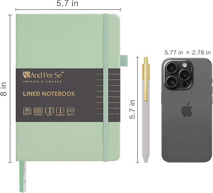 A5 Lined Leather Journal and Pen Set, Hardcover Notebook with Pen, 160 Pages 100gsm Thick Ruled Paper for Women Men Work Business School or Home Writing, 5.7'' x 8'' (Light Green)
