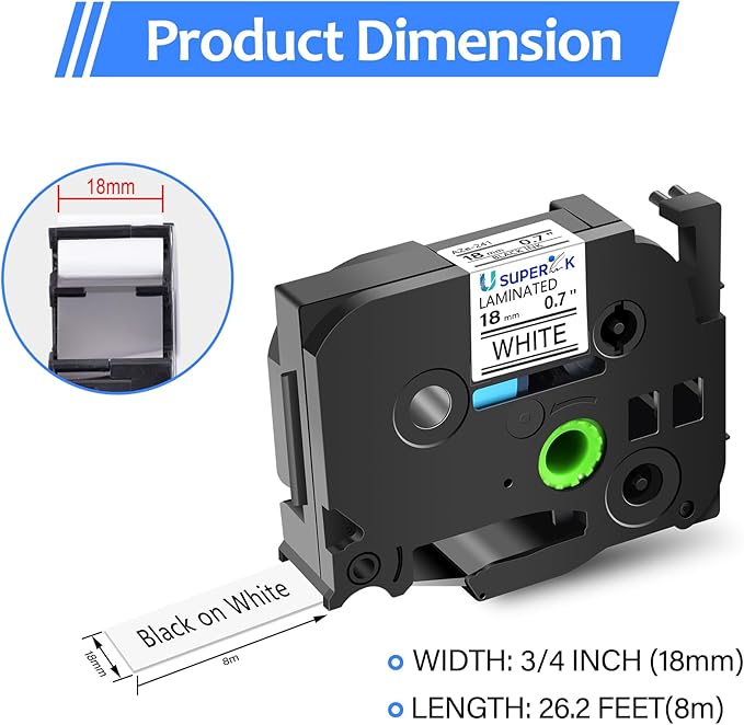 6PK 18mm 0.7'' Laminated White Tape Compatible for Brother P-Touch Label Maker Tape TZe-241 TZe TZ Label Tape TZ-241 TZe241 TZ241 Black on White for PT-D400 D410 D600 D610BT D460BT