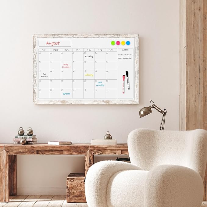 Monthly Dry Erase Calendar Whiteboard for Wall, 24" x 18" Magnetic White Board Calendar Board - Rustic Vintage Wooden Frame