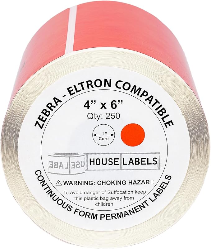 HOUSELABELS 4" x 6" Red Shipping Labels on 1" Core Compatible with Zebra and Rollo Printers, 4 Rolls / 250 Labels per Roll