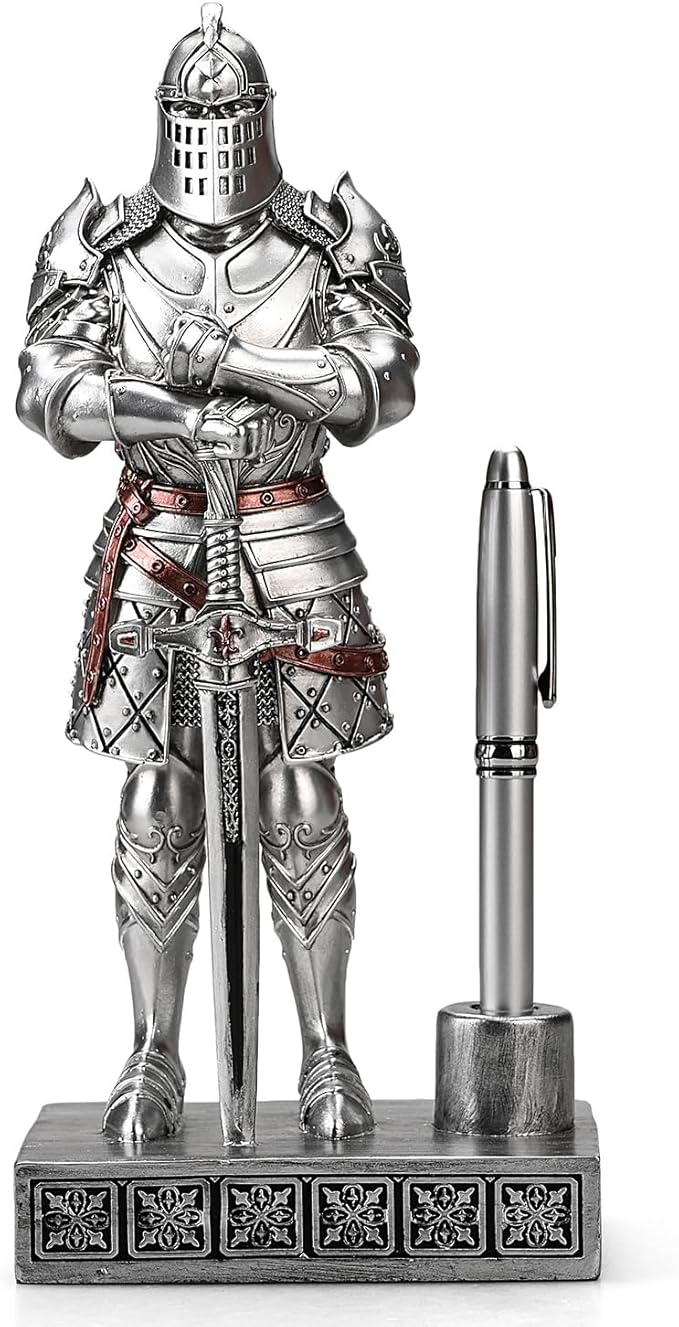 Amoysanli Knight Pen Stand Decoration Resin Pen Holder Art Craft Paperweight for Desktop Organizer Festival Gifts for Boyfriend Husband Dad Son(Silver)