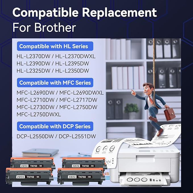 InkNI TN760 - Compatible Toner Cartridge Replacement for Brother TN-730/TN-760 730 TN-760 for MFC-L2710DW MFC-L2750DW DCP-L2550DW HL-L2350DW HL-L2395DW HL-L2370DW (4 Pack)