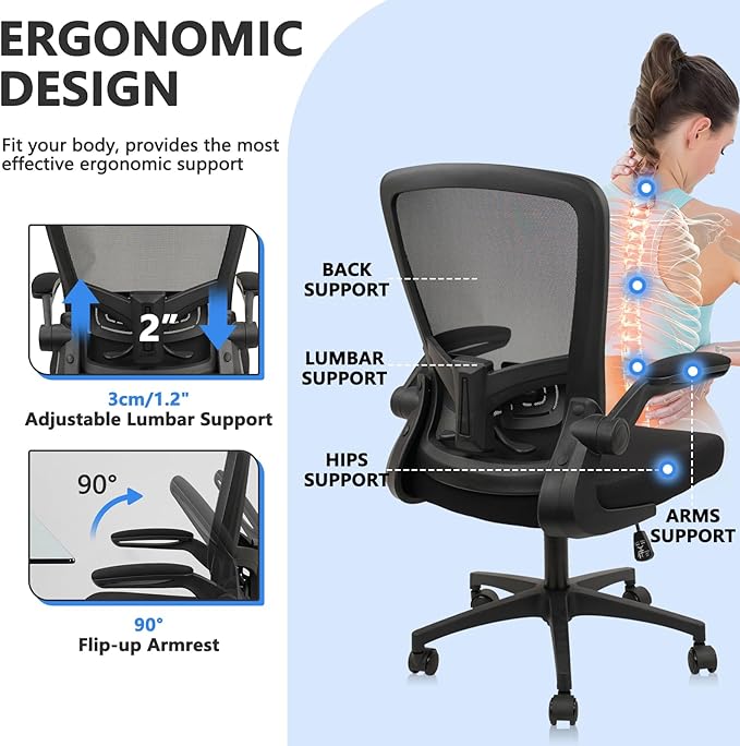 Office Desk Chairs with Wheels, Ergonomic Mesh Chair with Adjustable Height Lumbar Support, Rolling Swivel Computer Task Chair with Flip Up Armrests for Home, Study, Conference, Black (4PK)