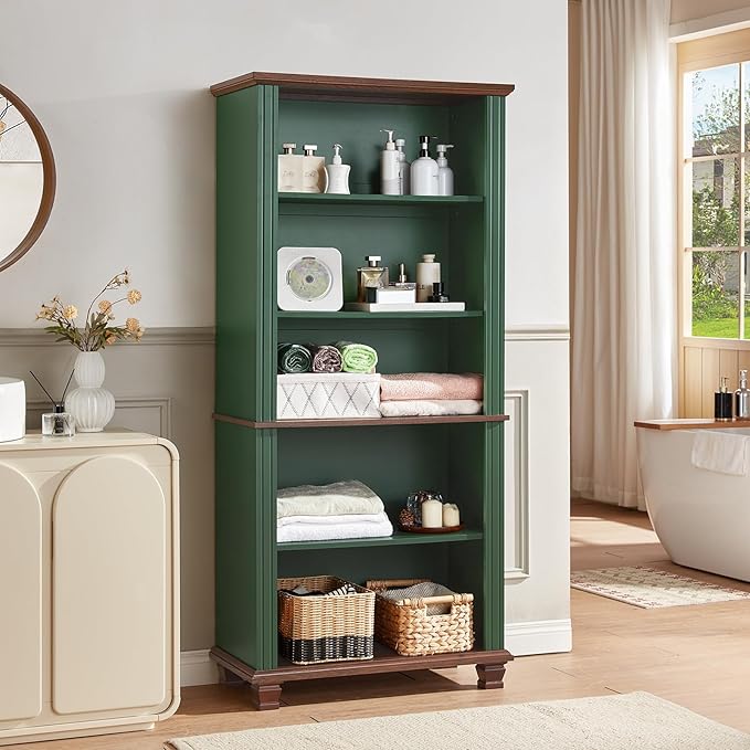 70" Tall Green Bookshelf,5 Tier Wooden Book Shelf with Adjustable Shelves & Wood Legs,Free Standing Farmhouse Bookcase with Open Display Storage,Vintage Bookshelves for Library, 2PCS