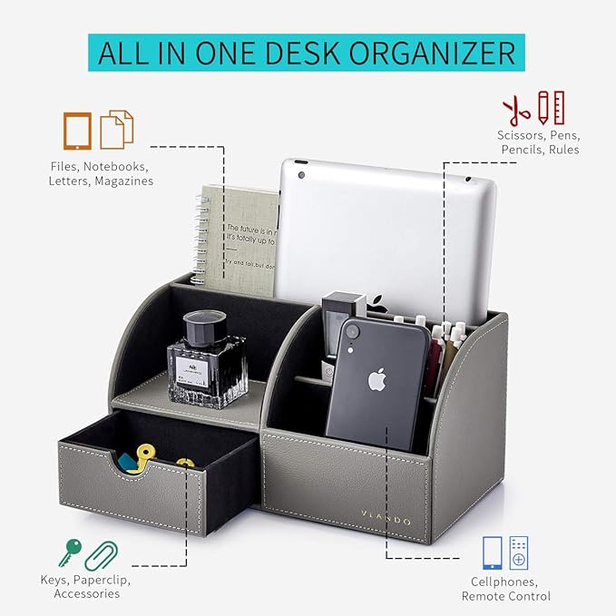Vlando Office Desk Organizer Leather Desktop Organizer Caddy with Drawer for Storing Desktop Supplies and Accessories (Grey)