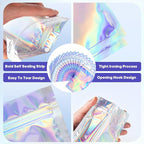 100pcs Holographic Bags,5.5x7.8 inch Resealable Zipper bags for small business, Smell Proof Foil Bags for food storage, Candy, Eyebrow pencil, Small accessories..MOTOMY