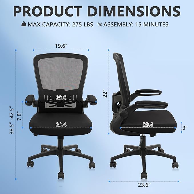 Office Desk Chairs with Wheels, Ergonomic Mesh Chair with Adjustable Height Lumbar Support, Rolling Swivel Computer Task Chair with Flip Up Armrests for Home, Study, Conference, Black (2PK)
