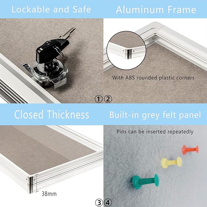 Enclosed Felt Bulletin Board 36x24 inch Lockable Cork Noticeboard Display Cases Tamperproof Notice Poster Memo Board with Aluminum Frame for Office, Classroom, Home with 2 Keys (Felt Board)