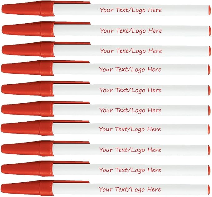 Personalized Stick Pens With your Custom Logo or Text-500 Pack Bulk-for Businesses, Parties, and Events, Custom Printed Slim Ballpoint Pens with Cap, Red, Black Ink