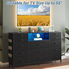 HCHQHS 47 Inch Dresser for Bedroom with 13 Drawers,Side Pockets Hooks and Lights with Remote Control,Hallway,Closet,Kitchen,Large TV Stand (Black)