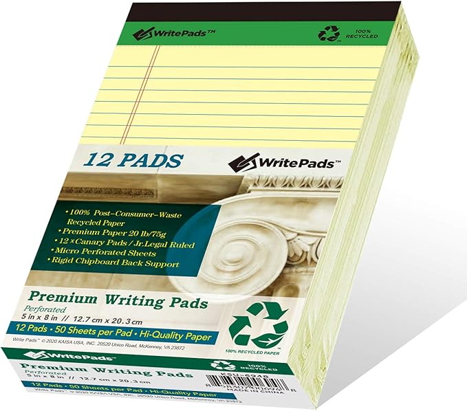 KAISA Thick Legal Pad Small Writing Pads, 5“x8” Legal Pad Narrow Ruled With Rigid Chipboard Back Support, 50sheets Perforated 20lb Recycled Paper Pads, Canary 12pad, KSU-6948