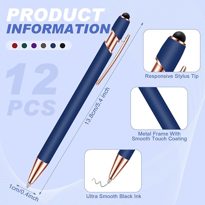 Tenare 12 Pieces 2 in 1 Stylus Metal Ballpoint Pen with Stylus Tip, 1.0 mm Black Ink Ballpoint Pen for Touch Screens(Dark Colors and Rose Gold)