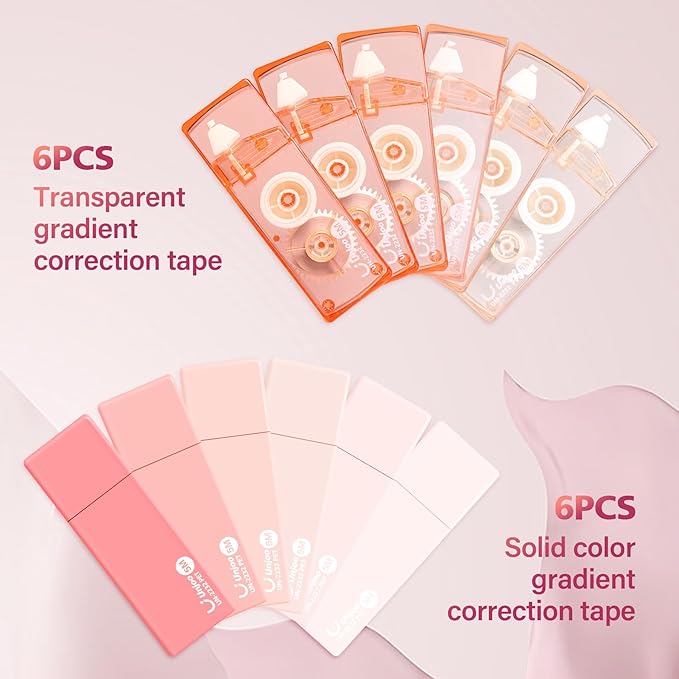 Unjoo White Correction Tape, Easy To Use Cute Applicator for Instant Corrections, For school, Office Workers (Gradient Pink, 5M/196" x 0.2",12pack)