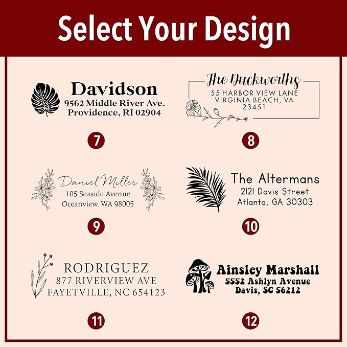 Custom Floral Address Stamp | Choose from 12 Designs | Multiple Ink Color Options | Envelope Return Address Stamp for Couple or Family (Design 12, Extra Large)