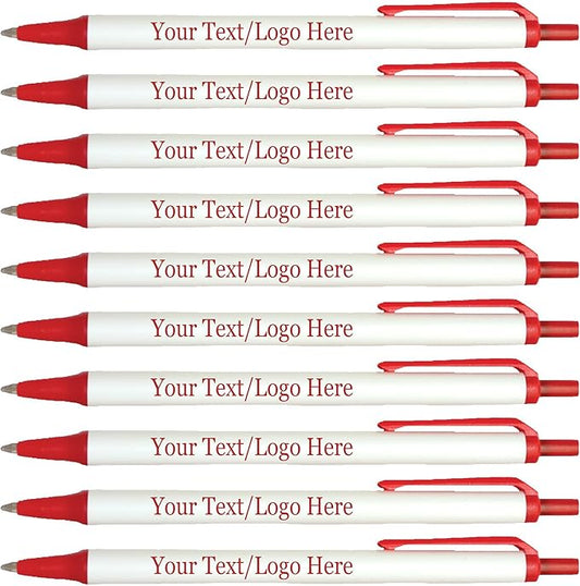 Personalized Click Stick Pens With your Custom Logo or Text-300 Pack Bulk-for Businesses, Parties, and Events, Custom Printed Retractable Slim Ballpoint Pens, Red, Black Ink