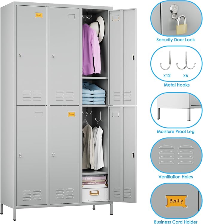 6 Doors Metal Locker with Business Card Holder,Metal Locker for Employees with 18 Hooks for School Garage Office Gym Home,Assembly Required,Light Grey