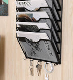 EasyPAG 10 Pocket Mesh Wall File Organizer with Key Hooks, Hanging Paper Folder Holder with Classify Label, Vertical Wall Mount Mail Organizer for Office Home Classroom, Black