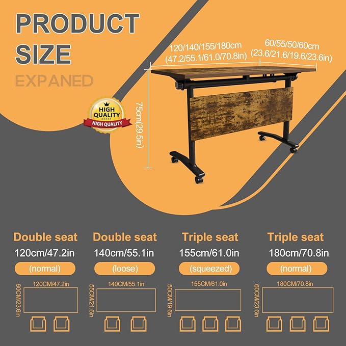 Folding Conference Table 4ft 5ft, Foldable Office Meeting Desk for 6 People, Multiple Sizes Colors Mobile Conference Room Table for Training Room School Business Furniture (2, Brown, 71in)