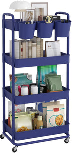 JIUYOTREE 4-Tier Plastic Rolling Storage Cart Utility Cart with Extra Hanging Cups Handles Lockable Wheels for Living Room Bathroom Kitchen Office Blue