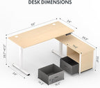 FLEXISPOT 55" L Shaped Standing Desk with Drawers and Shelves, Large Corner Stand Up Desk with Headphone Hooks for Home Office, Light Wood Grain Top+ White Frame