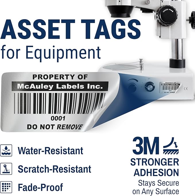 McAuley Labels Custom Asset Tags for Equipment - Numbered, Permanent - Heavy Duty Metalized Polyester, Stronger Adhesive - ID Label - 2x1 Inches