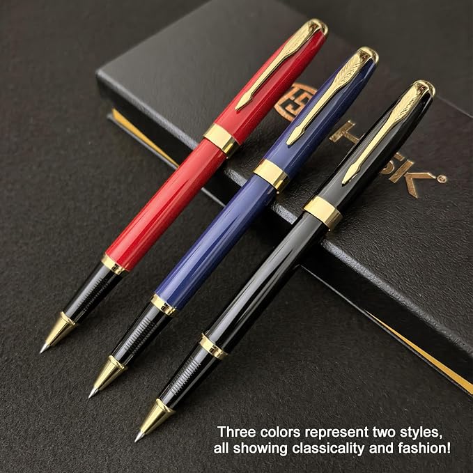 HSK Ballpoint Pens Executive Fountain Pen with Gold Trim, Gift Box Set, Available in Black, Red, Navy Blue,Black Refill Line width 0.5mm (Black)