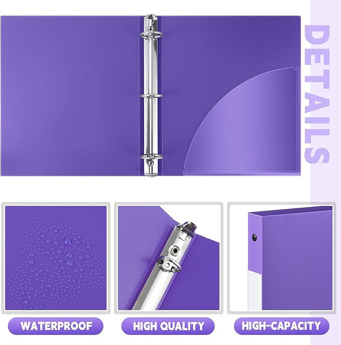 Henoyso 16 Pcs 3 Ring Binder 0.5 Inch Round Fits Letter Size 8.5'' x 11'' Paper Plastic Flexible Binder Bulk Holds 140 Sheets with 1 Pockets Versatile Organizer for Home Office School (Purple)