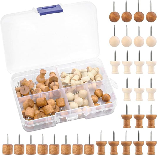 60 Pcs Wood Push Pins, 2 Colors and 5 Types Decorative Thumb Tacks Wooden Head Pin Map Tacks Marking Pin, Wood Thumb Tacks Decorative for Bulletin Boards Craft Projects with Storage Box