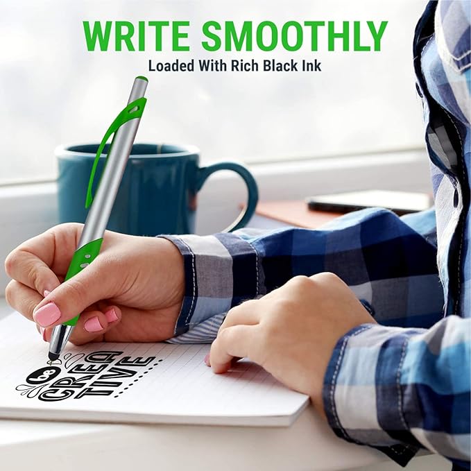 Personalized Pens With Custom Logo or Text-300 Pack Bulk-for Businesses, Parties, and Events, 2 in 1 Ballpoint Pen & Capacitive Stylus for Touchscreen Devices, Click Action, Black Ink, Light Green