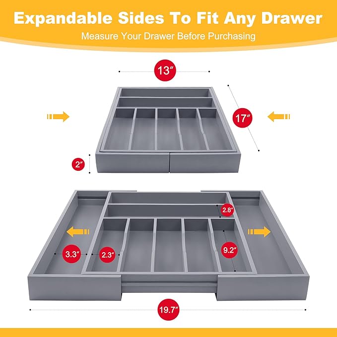 oridom Large Premium Bamboo Silverware Organizer - Expandable Drawer Organizer & Utensil Organizer - 17"x19.7" Cutlery Tray with Dividers for Kitchen Utensils and Flatware (7-9 Slots) (Grey)