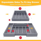 oridom Large Premium Bamboo Silverware Organizer - Expandable Drawer Organizer & Utensil Organizer - 17"x19.7" Cutlery Tray with Dividers for Kitchen Utensils and Flatware (7-9 Slots) (Grey)