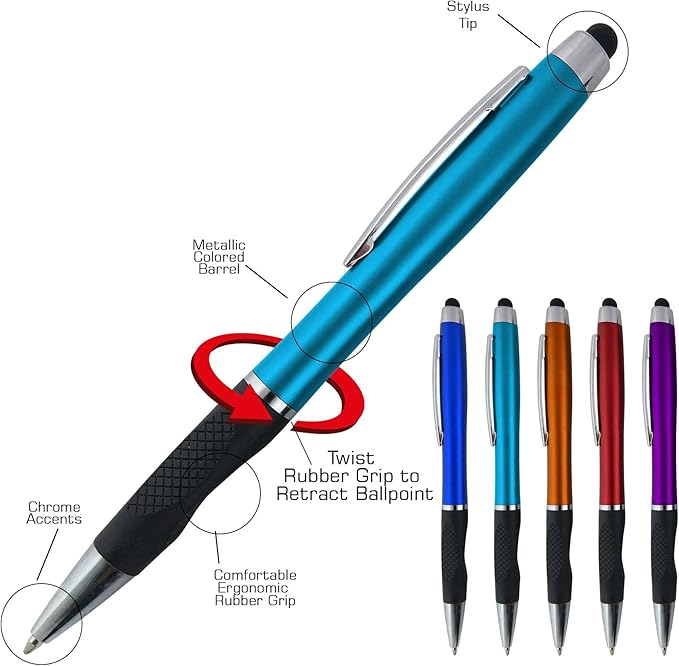 Personalized Pens With your Custom Logo or Text-300 Pack Bulk-for Businesses, Parties, and Events, 2 in 1 Ballpoint Pen + Capacitive Stylus for Touchscreen Devices, Dark Assorted Barrels, Blue Ink