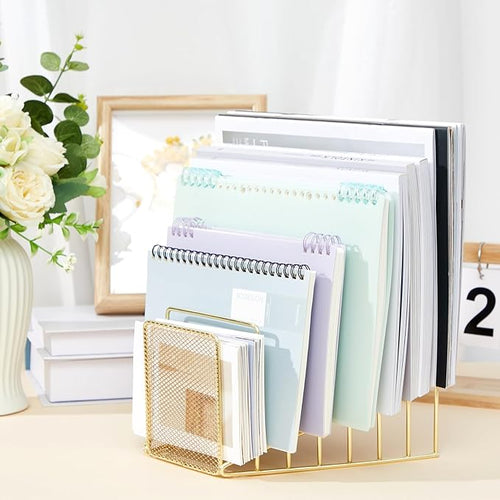 2 Pcs 7 Section Incline File Sorter Metal Wire Mesh File Rack for Desktop Letter Sorter for Magazine Folder Book Organizer Home Office School Paper Mail Desk Storage Holder (Golden)