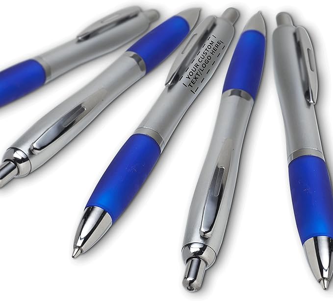 DISCOUNT PROMOS Personalized Ballpoint Pens With Rubber Grip, 100 pack Customizable Ergonomic Click-to-Write Custom Writing Pens for School with Black Ink, Blue