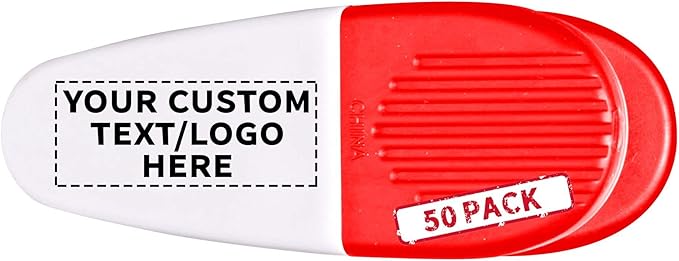50 Magnetic Memo Holders Set - Customizable Text, Logo - Large Clip, Plastic - White Red