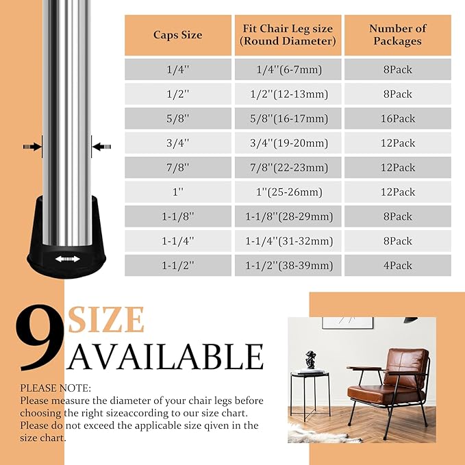 1-1/2” Round Rubber Chair Leg Tips Caps, Chair Leg Floor Protectors, Non-Slip Chairs Legs Caps, Stool Feet Protectors Cap, Folding Metal Chairs Legs Tip Replacement (Black, 8 Pack)