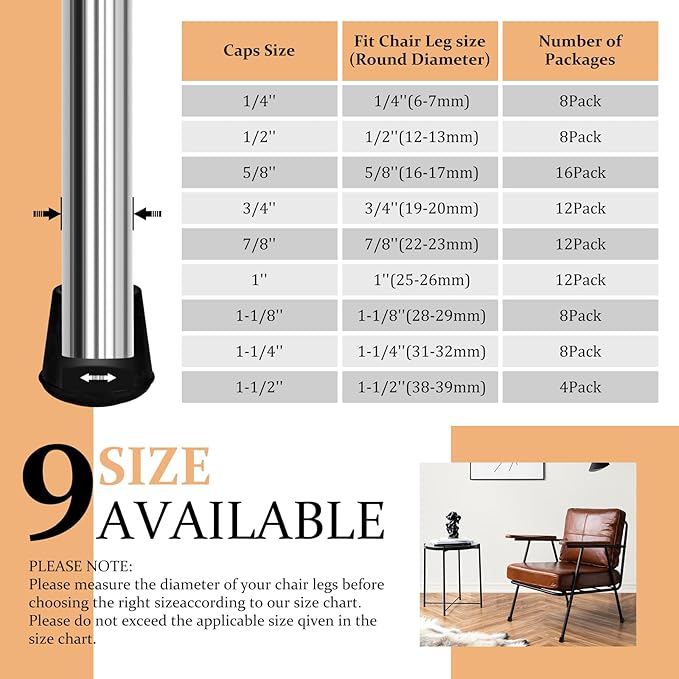 1/4" Round Rubber Furniture Leg Tips Caps, 8 Pack Black Extra Small Furniture Leg Floor Protectors (Fit: 6mm to 7mm)
