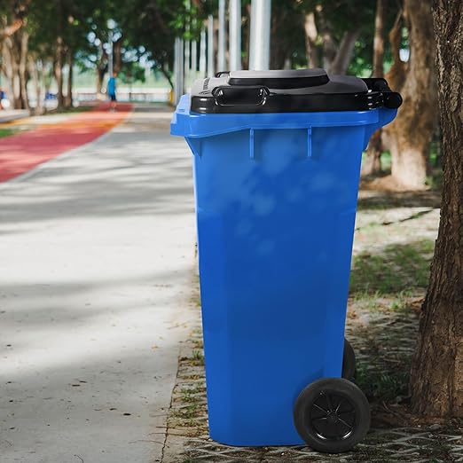 32 Gallon Recycling Rollout Trash Can with Lid, Commercial Heavy-Duty Wheeled Outdoor Garbage Can, Blue 2 Pack