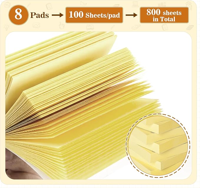 (8 Pack) Large Sticky Notes 3x5 in Yellow, 800 Pcs Self-Stick Notes,100 Sheets/Pad Super Adhesive Sticky Pads Recyclable for Home, Office, Notebook, Clean Removal
