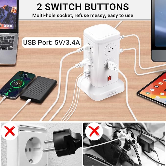 6.5Ft Surge Protector Power Strip Tower - 8 AC Outlets & 6 USB Ports Multi-Device Charging Station with Overload Protection, for Home/Office/Dorm