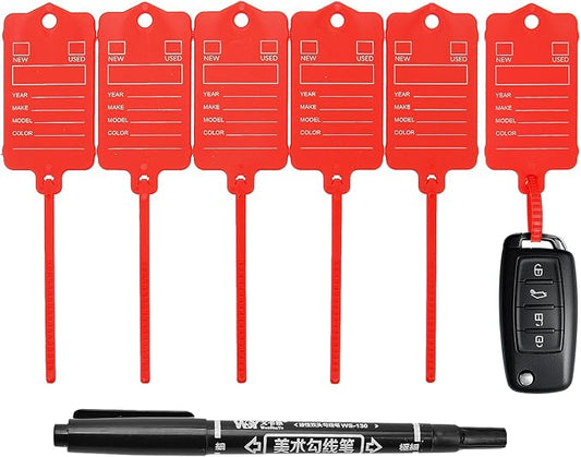 200 Car Key Tags with Labels Plastic Car Dealership Key Tags Self Locking Automotive Identifiers Blank Shop Labels with One Pen (Red)