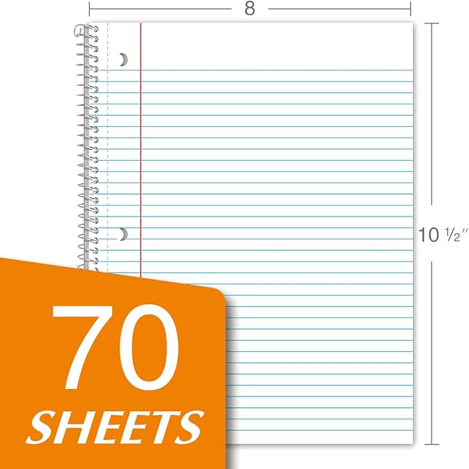 KAISA 70 Sheet 1-Subject Wirebound Notebook Spiral Notebooks, College Ruled 10.5x8 Spiral Notebooks For School Students Office, Pack of 6 Pads,S07001C
