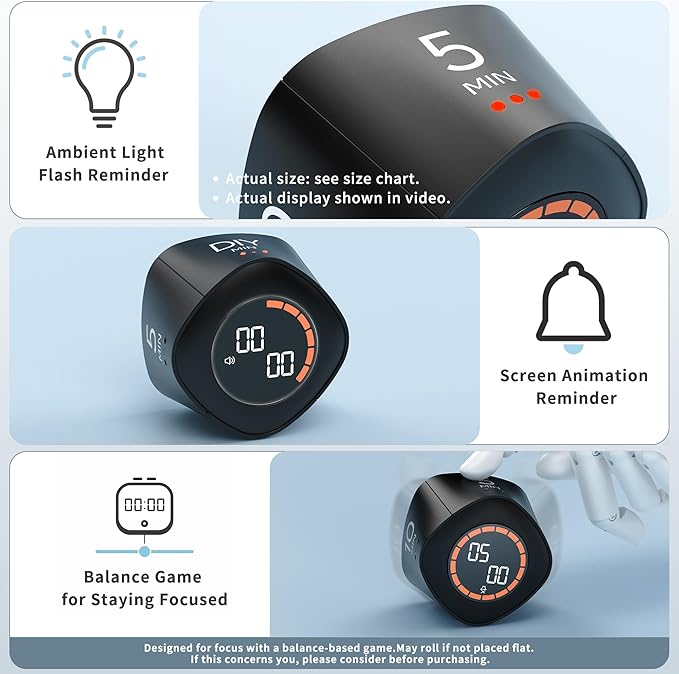 VEWINGL Cube Productivity Timer, 5/10/25/DIY Min Presets + Count-Up Mode, Time Display & Alarm Clock, Sound/Vibrate/Silent Alerts, Pause & Resume, Desk Timer for Work, Study, Kitchen (Black)