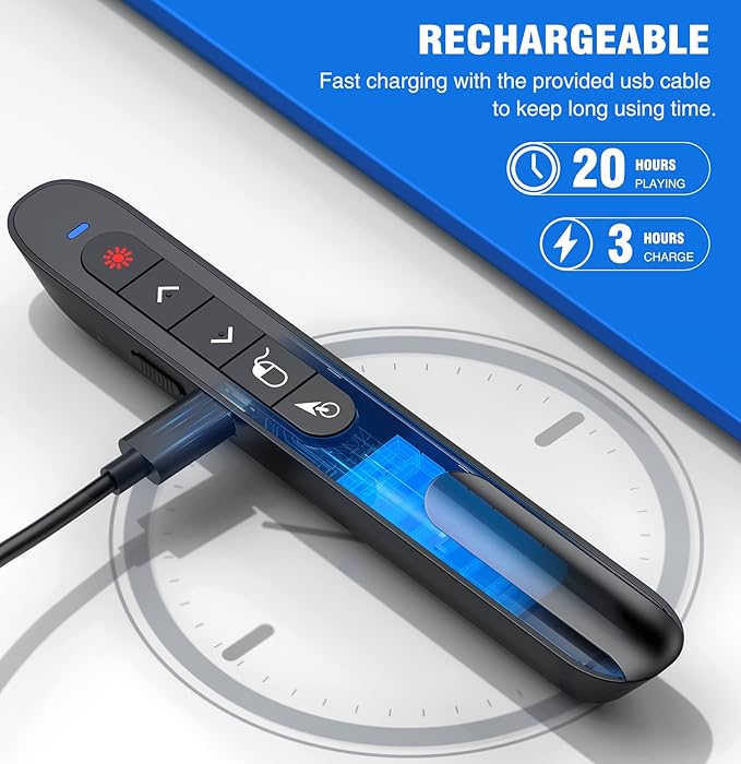 DINOSTRIKE Wireless Presenter Remote with Air Mouse Control, Rechargeable USB A&C Presentation Clicker PPT Pointer RF 2.4GhZ PowerPoint Clicker Slide Advancer for Computer Laptop Mac