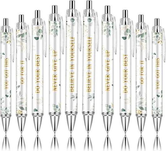 10PCS Inspirational Ballpoint Pen Green Eucalyptus Leaves Ballpoint Pen Employee Appreciation Gift Bulk Motivational Pens Black Ink Pens Set for School Teacher Office Employee Party Favors